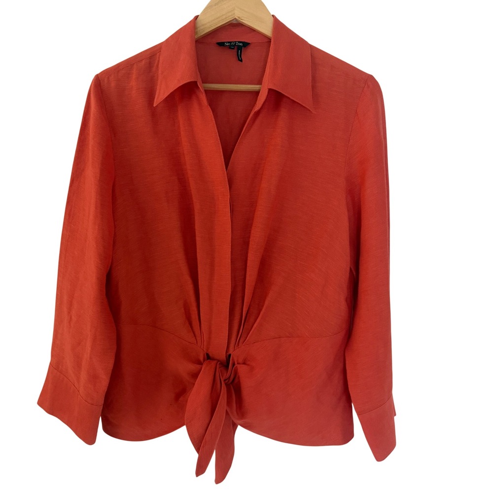 Nic + Zoe Tie Front Blouse Womens 12 Red Excellent Silk Linen Long Sleeve